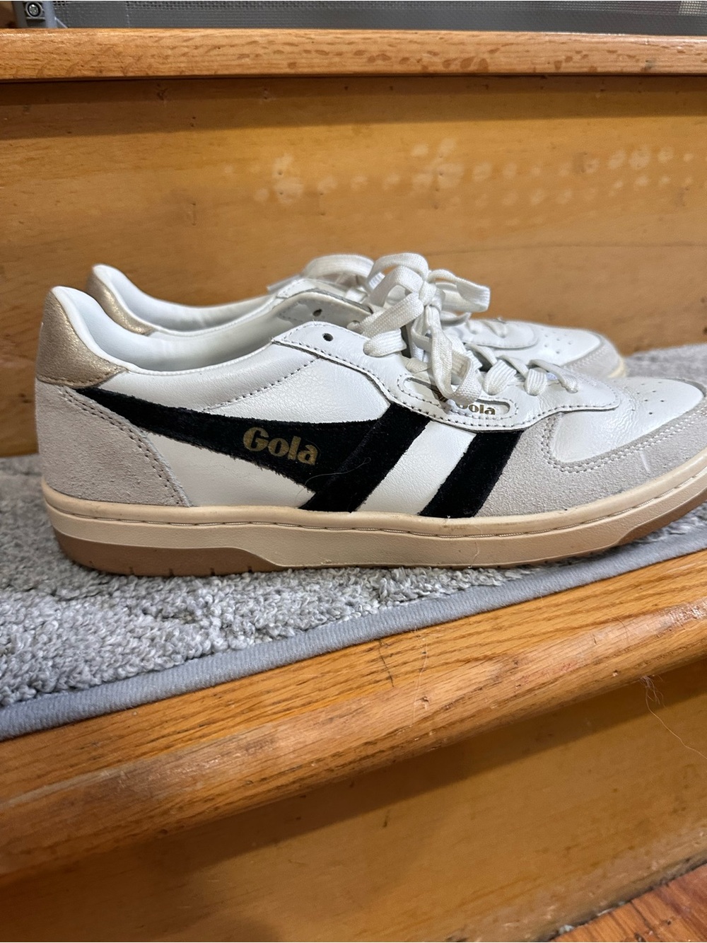 Gola White Sneakers with Black Stripes and Beige Accents